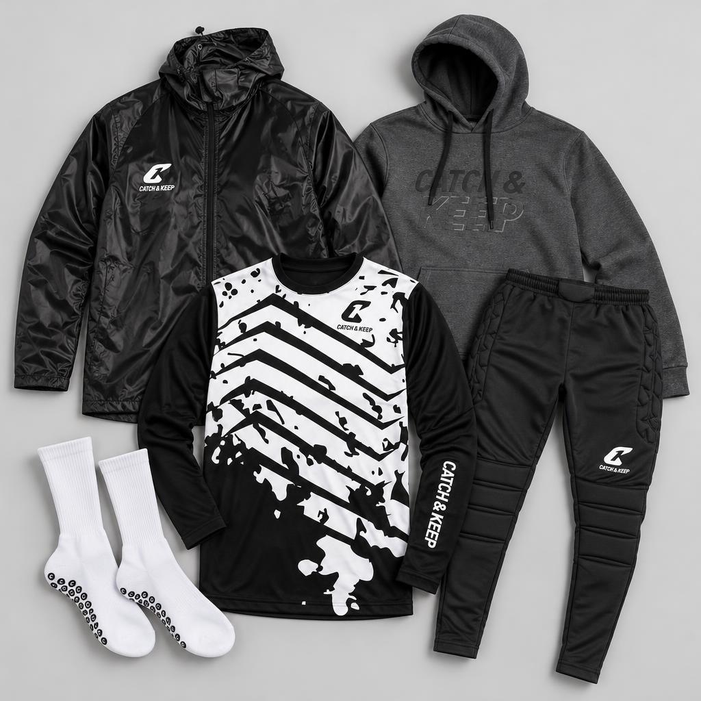 Catch & Keep Bekleidung: Regenjacke, Hoodie, Trikot, Torwarthose und Gripsocken